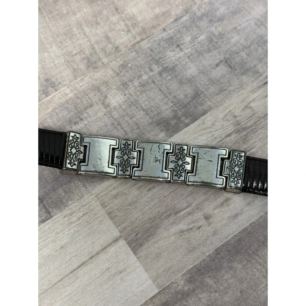 Belt Women Western Cowgirl Boho M Black Lizard Embossed Leather Silver Buckle